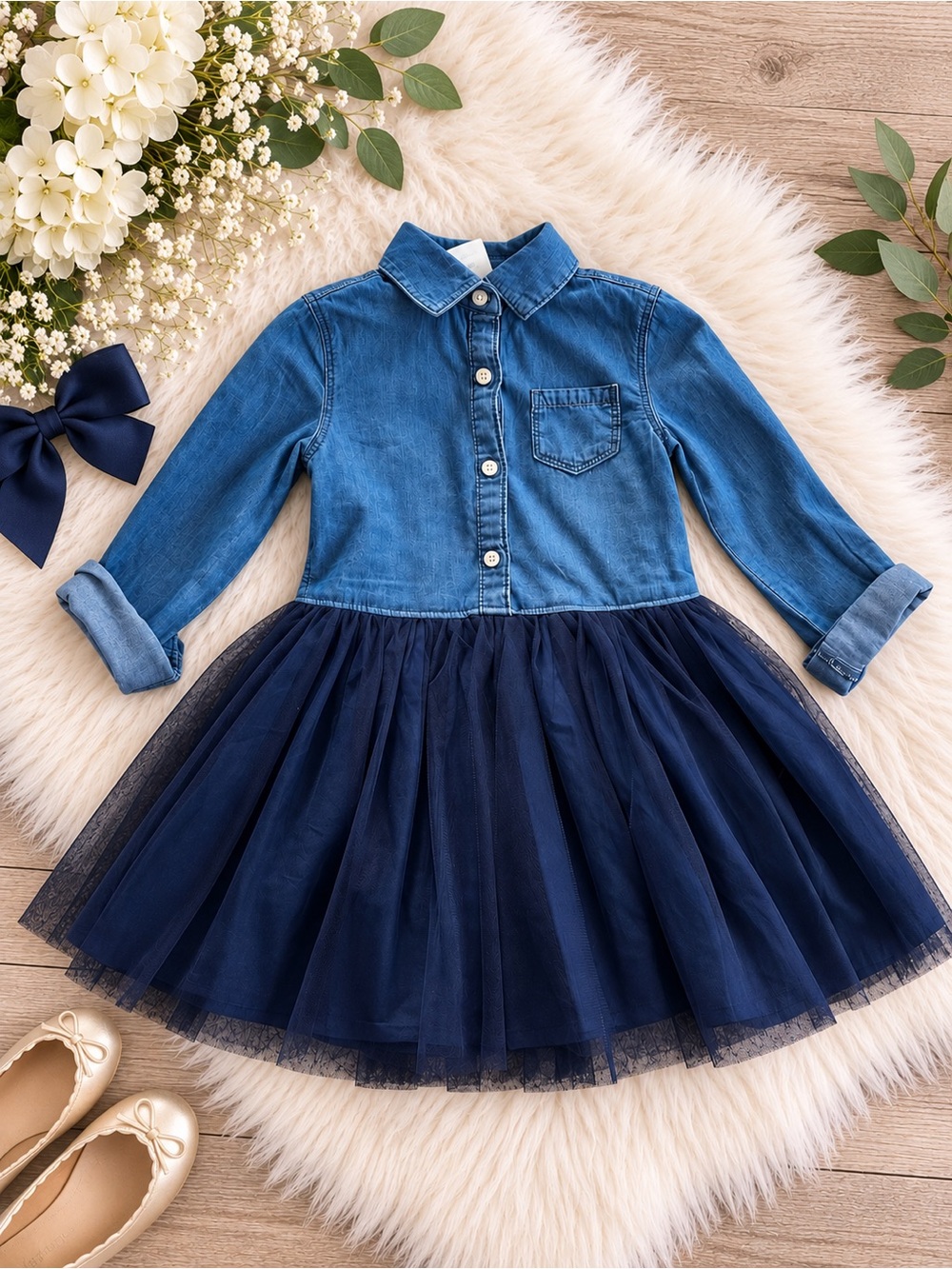 OshKosh B’gosh Girls Denim Chambray Tulle Tutu Dress Navy Blue Size 3T